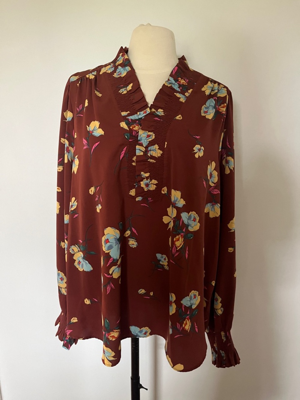 easel Burgundy Floral Ruffle-Neck Long Sleeve Blouse